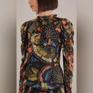 Farm Rio Black Colorful Birds Tulle Blouse, Colorful Birds Black Size XS